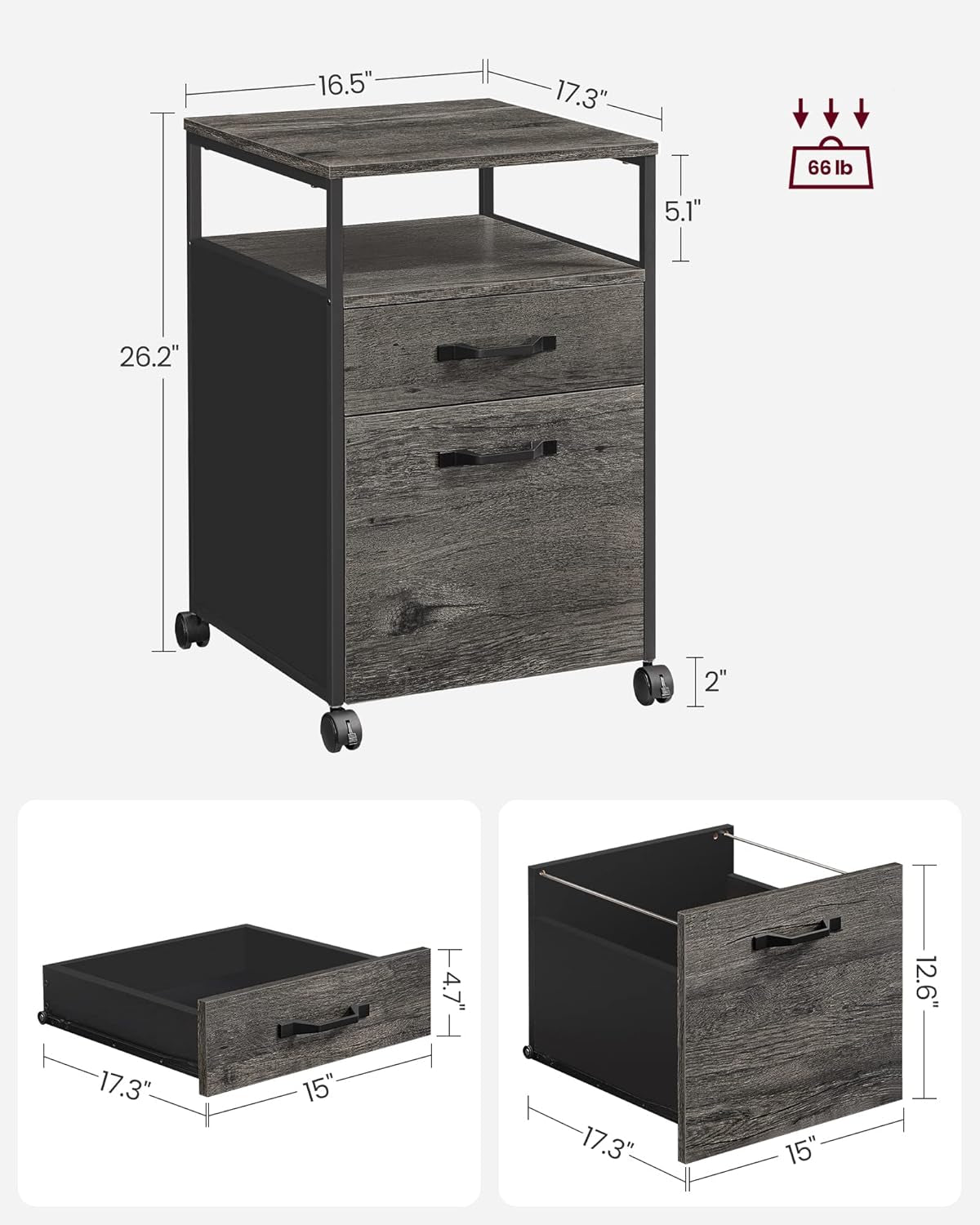 Mobile File Cabinet With Wheels 2 Drawers Open Shelf Charcoal Gray And Ink Black