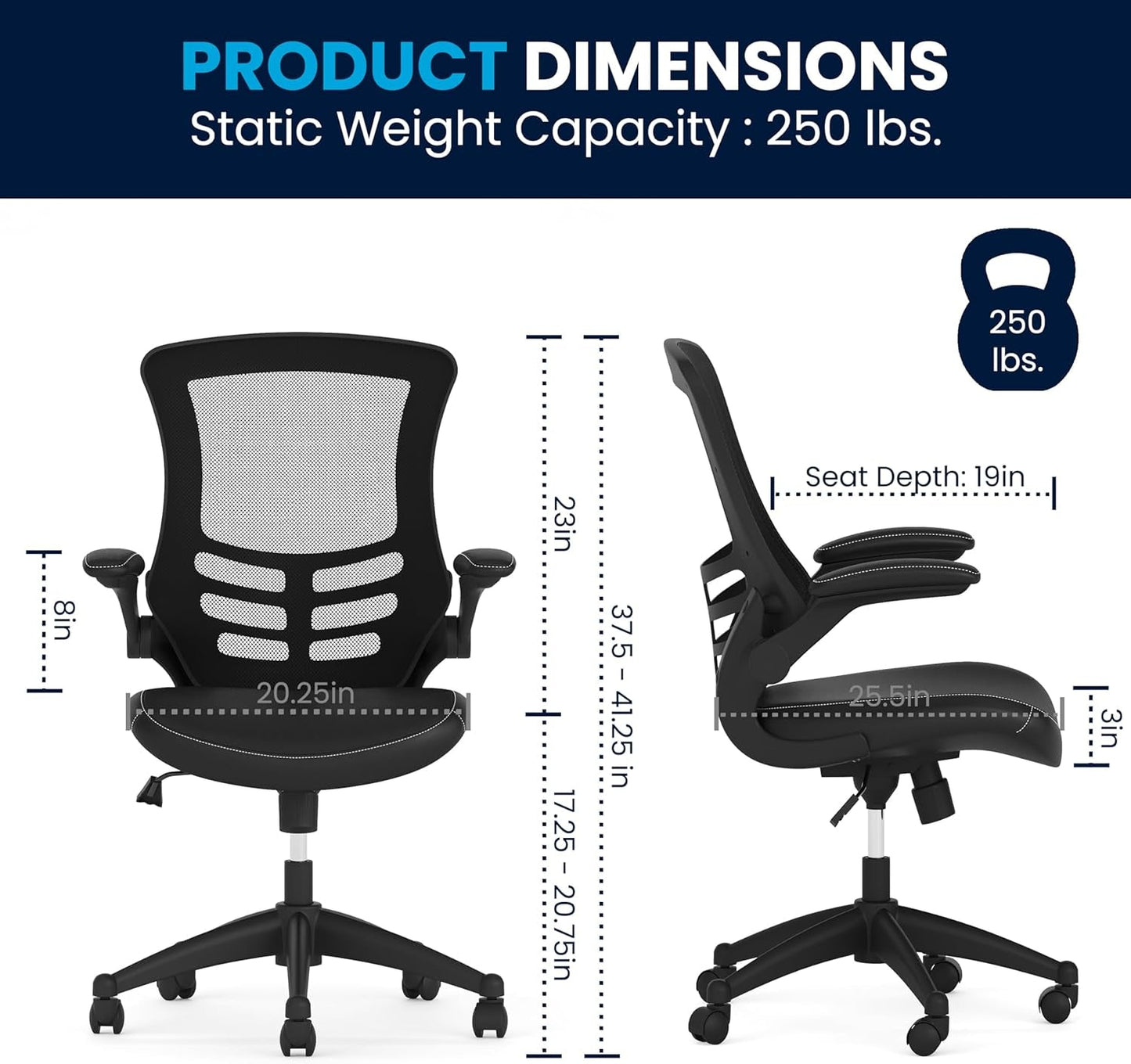 Kelista Mid-Back Ergonomic Office Chair With Adjustable Height, Black