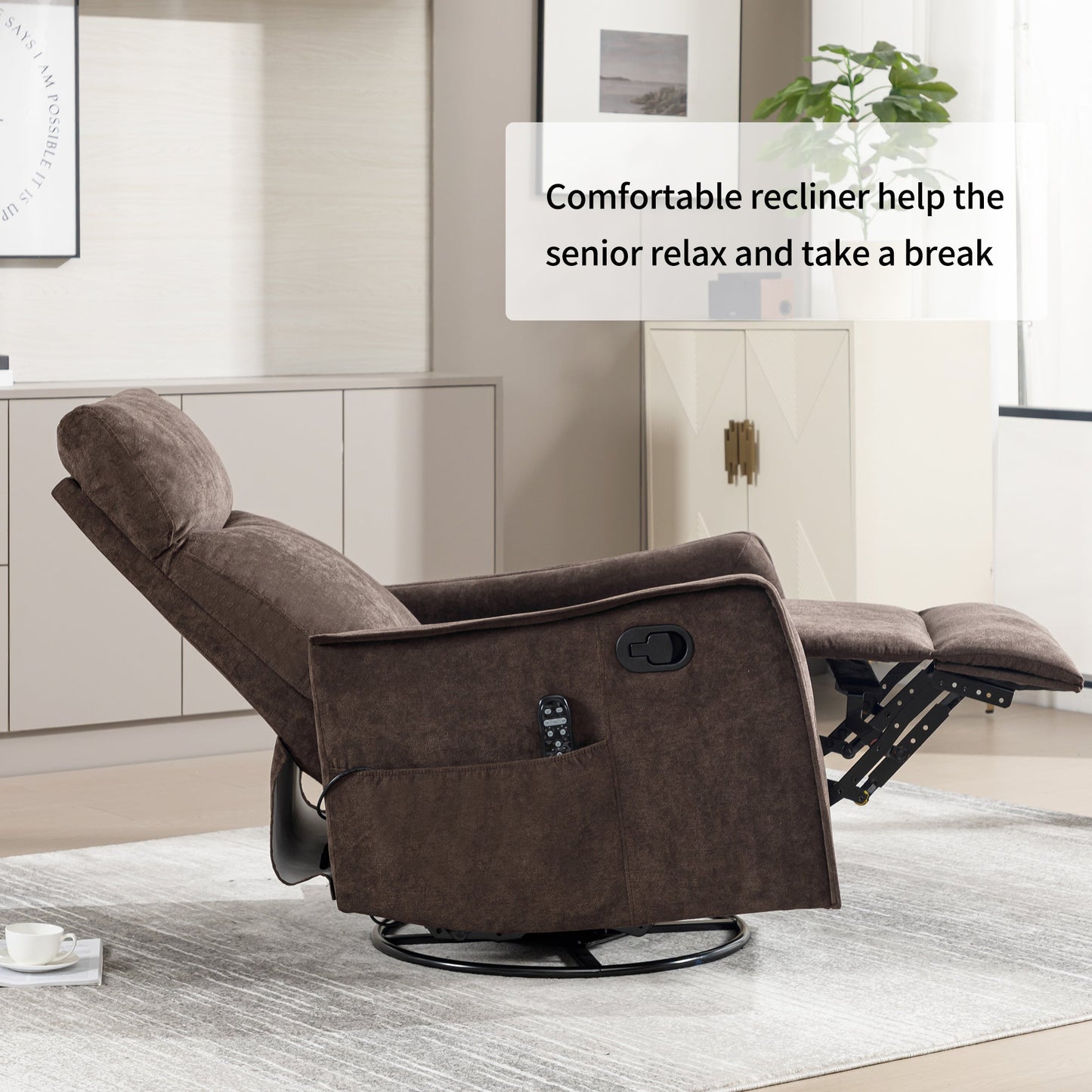 Heat Massage Manual Recliner Chair with Rocker and Swivel in Fabric for Living Room, Brown