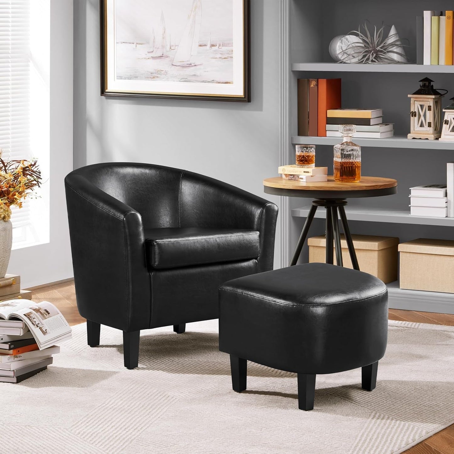 Modern Black Faux Leather Accent Chair With Ottoman Set