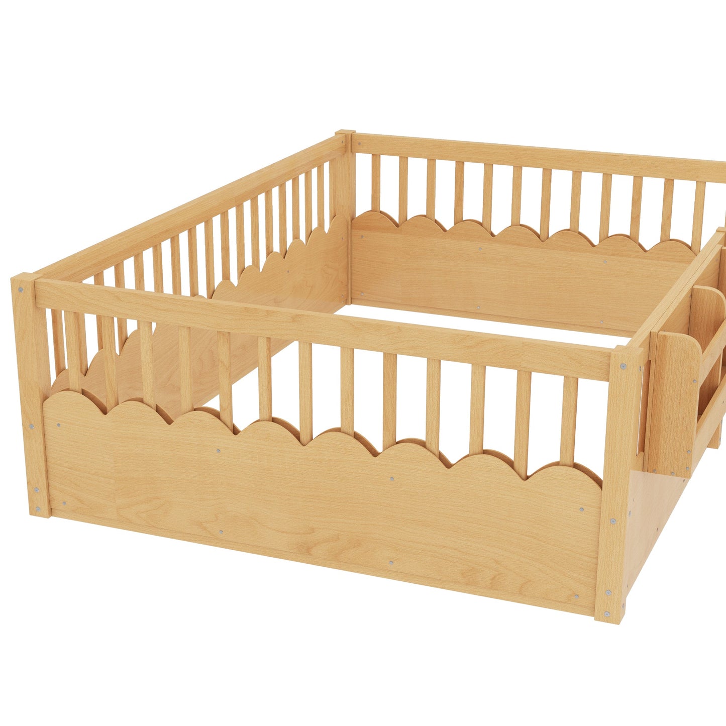 Full Floor bed with Heightened Fence and bookshelf ,Wood Floor Bed for Kids,Natural.