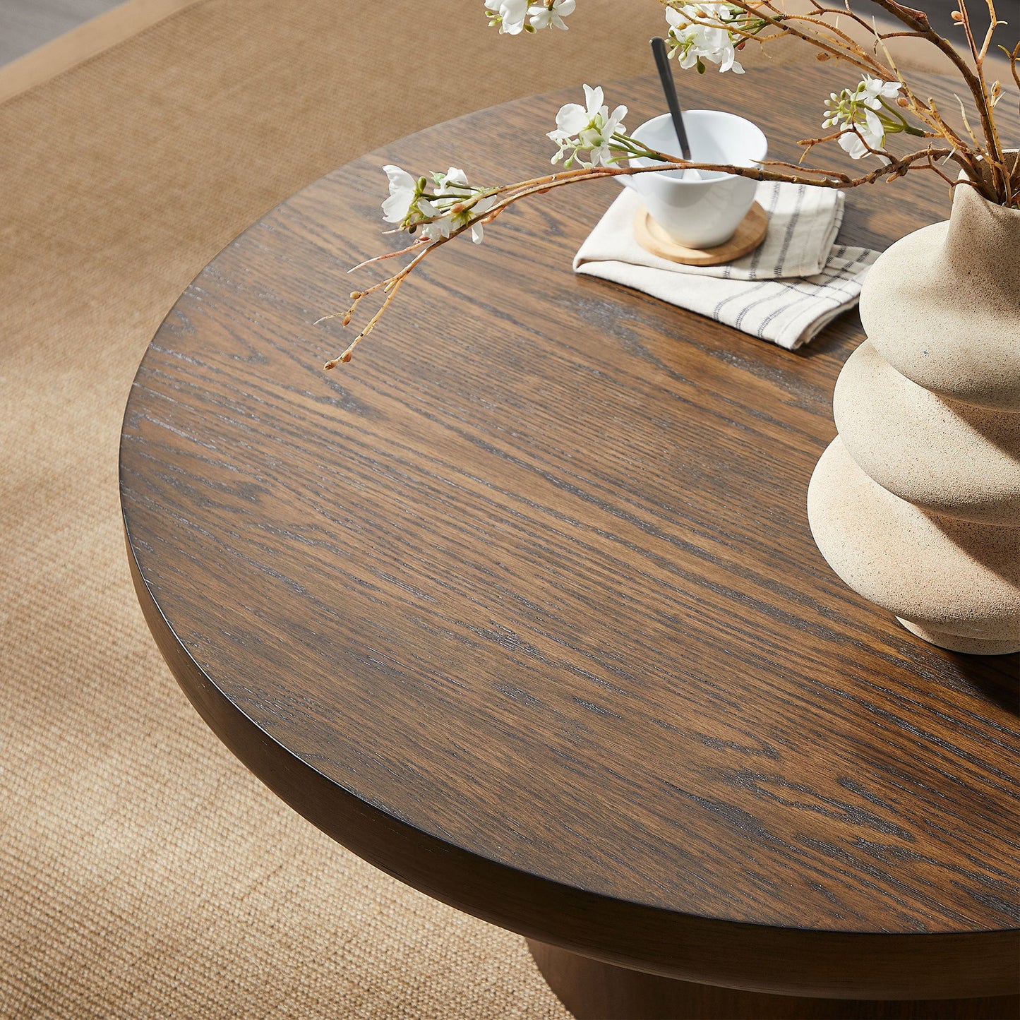35.98inch Round Coffee Table with Cylindrical Leg,Wood Veneer Tabletop Table,Rounded Sofa Side Table for living Room Office,Brown