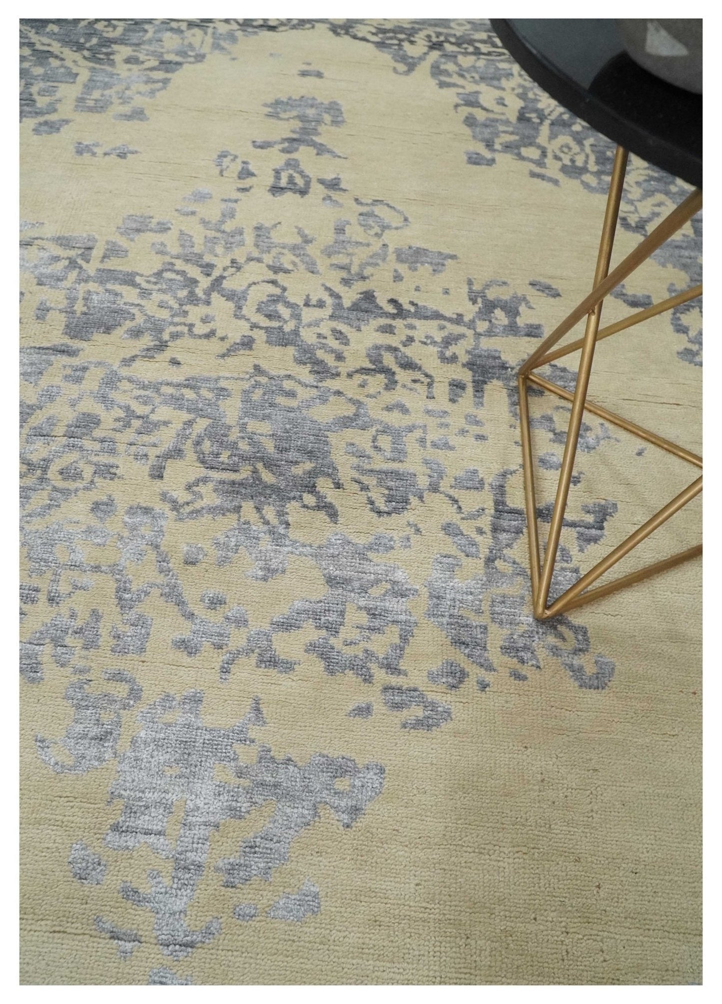 8x10 Beige, Charcoal and Silver Traditional Medallion Hand Knotted Wool and Bamboo Silk Area Rug