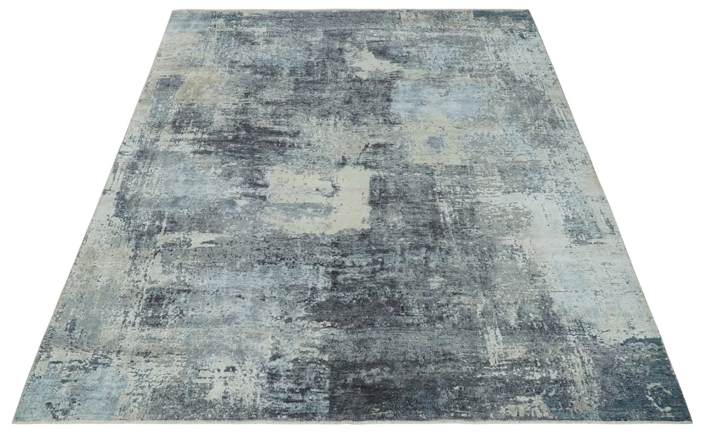 8x10 Charcoal, Beige and Gray Modern Abstract Distressed Finish High Low texture Hand Knotted Rug