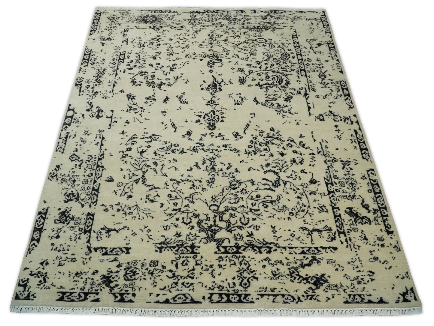 8x10 Fine Hand Knotted Beige and Black Traditional Vintage Persian Antique Wool Rug | AGR35
