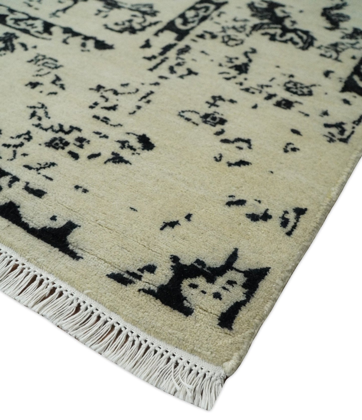 8x10 Fine Hand Knotted Beige and Black Traditional Vintage Persian Antique Wool Rug | AGR35