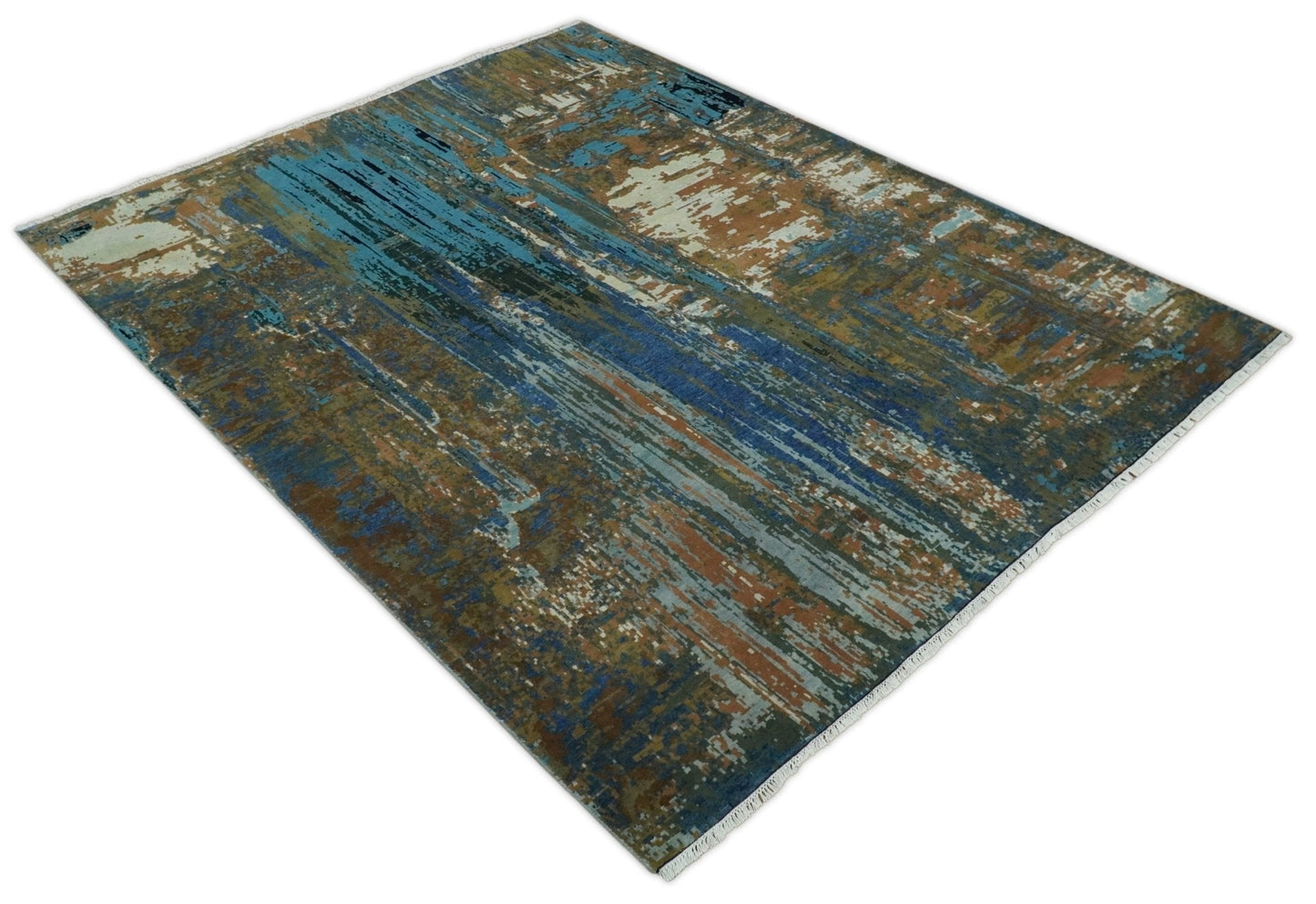 8x10 Fine Hand Knotted Blue and Brown Modern Abstract Wool Area Rug | AGR42