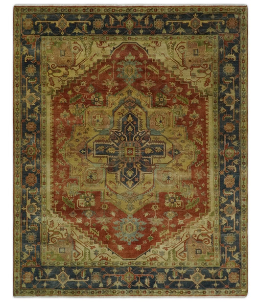 8x10 Gold, Rust and Charcoal Heriz Serapi Traditional Vintage Turkish Style Antique Look Hand Knotted Wool Area Rug | N361810