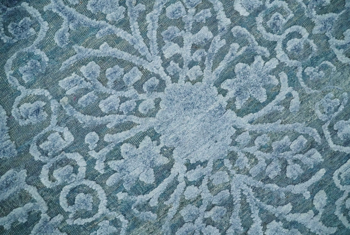 8x9.7 Blue Antique Style, Distressed Finish Hand Carved Traditional Medalian Hand Knotted Wool and Silk Rug