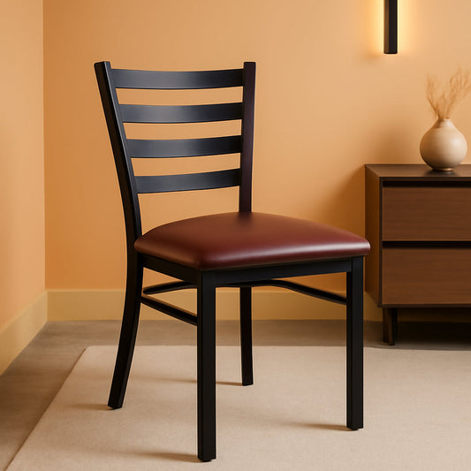 Hercules Black Ladder Back Metal Restaurant Chair Burgundy Vinyl Seat
