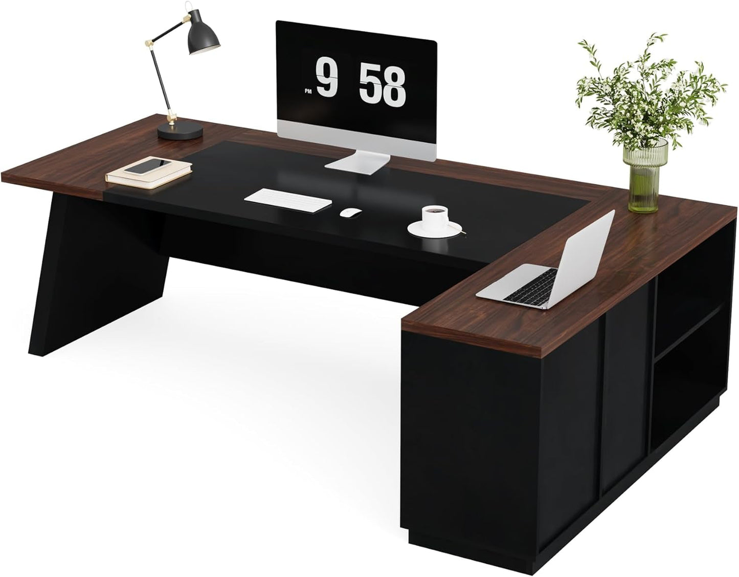 78 Inch L Shaped Executive Desk Walnut Black For Home Office