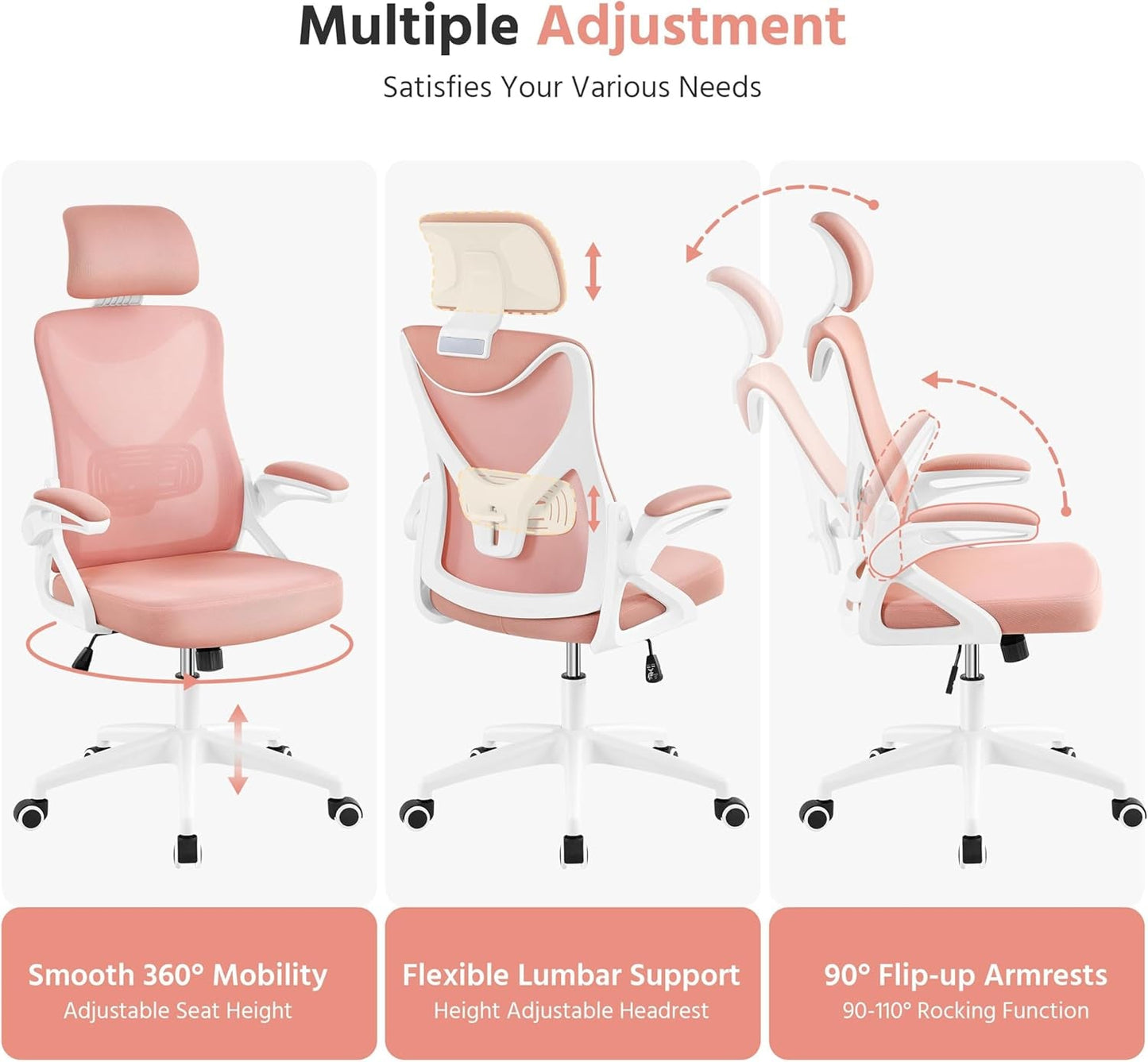 Ergonomic Office Chair High Back Mesh White Pink Lumbar