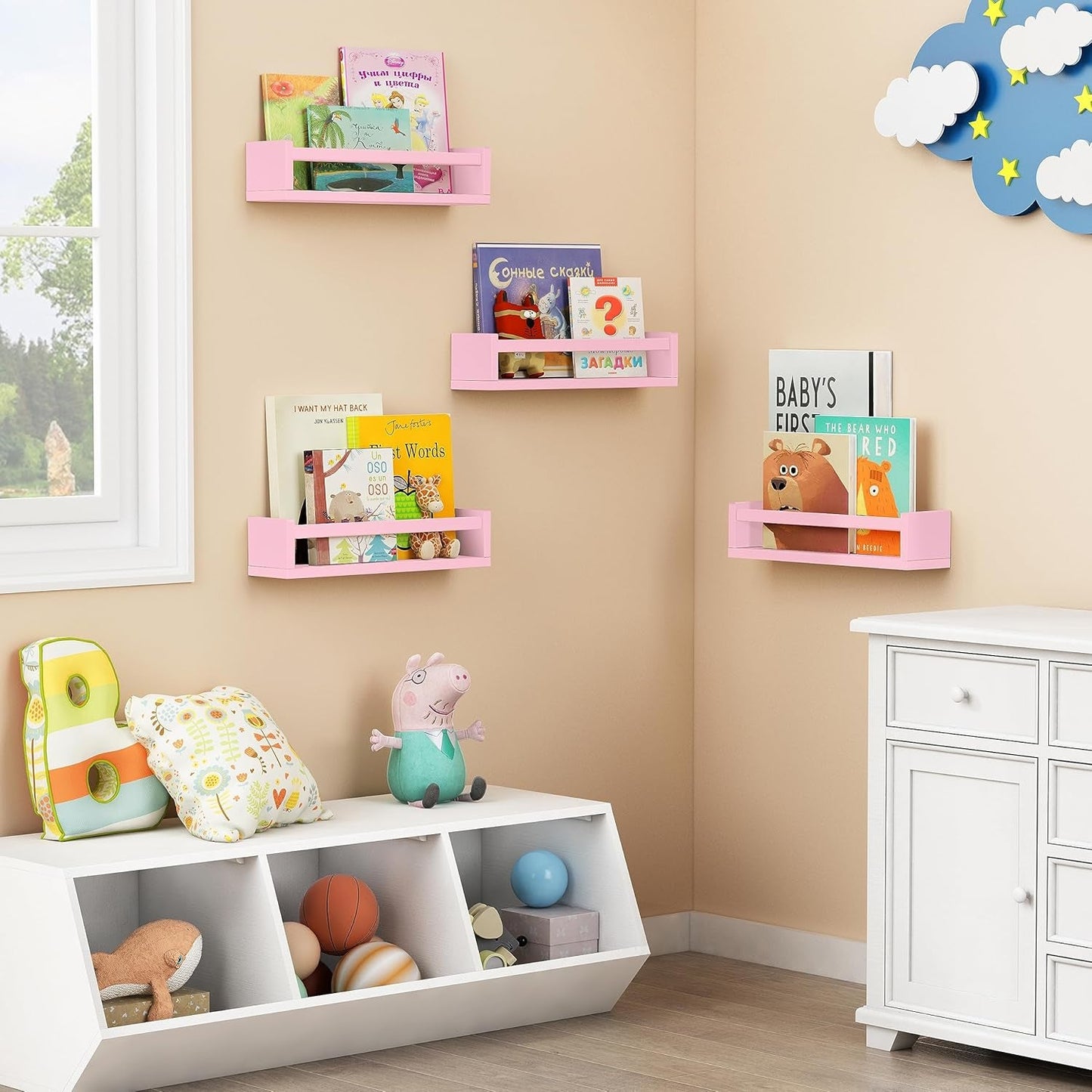 Pink Floating Wall Shelves Set Of 4 Wooden Bookshelves