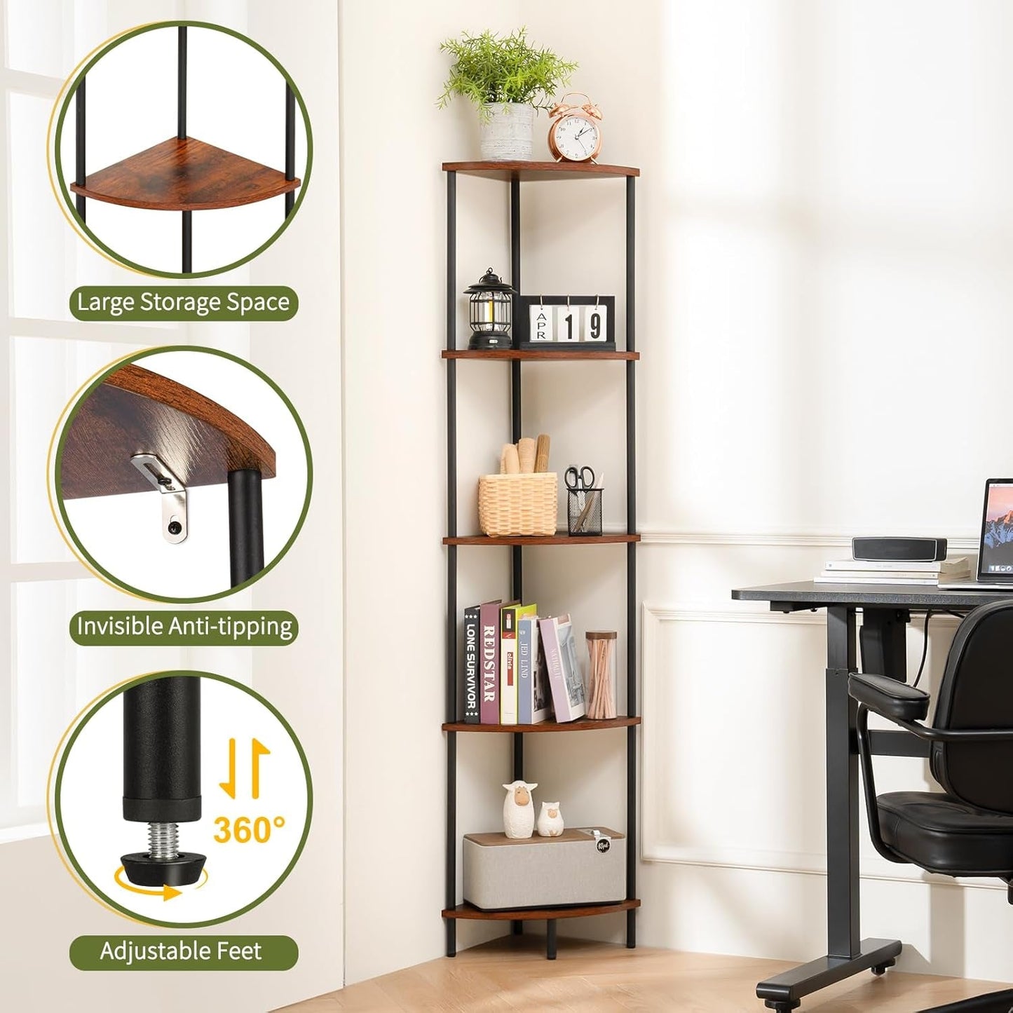 65 Inch Rustic Corner Shelf Stand 5 Tier Bookshelf