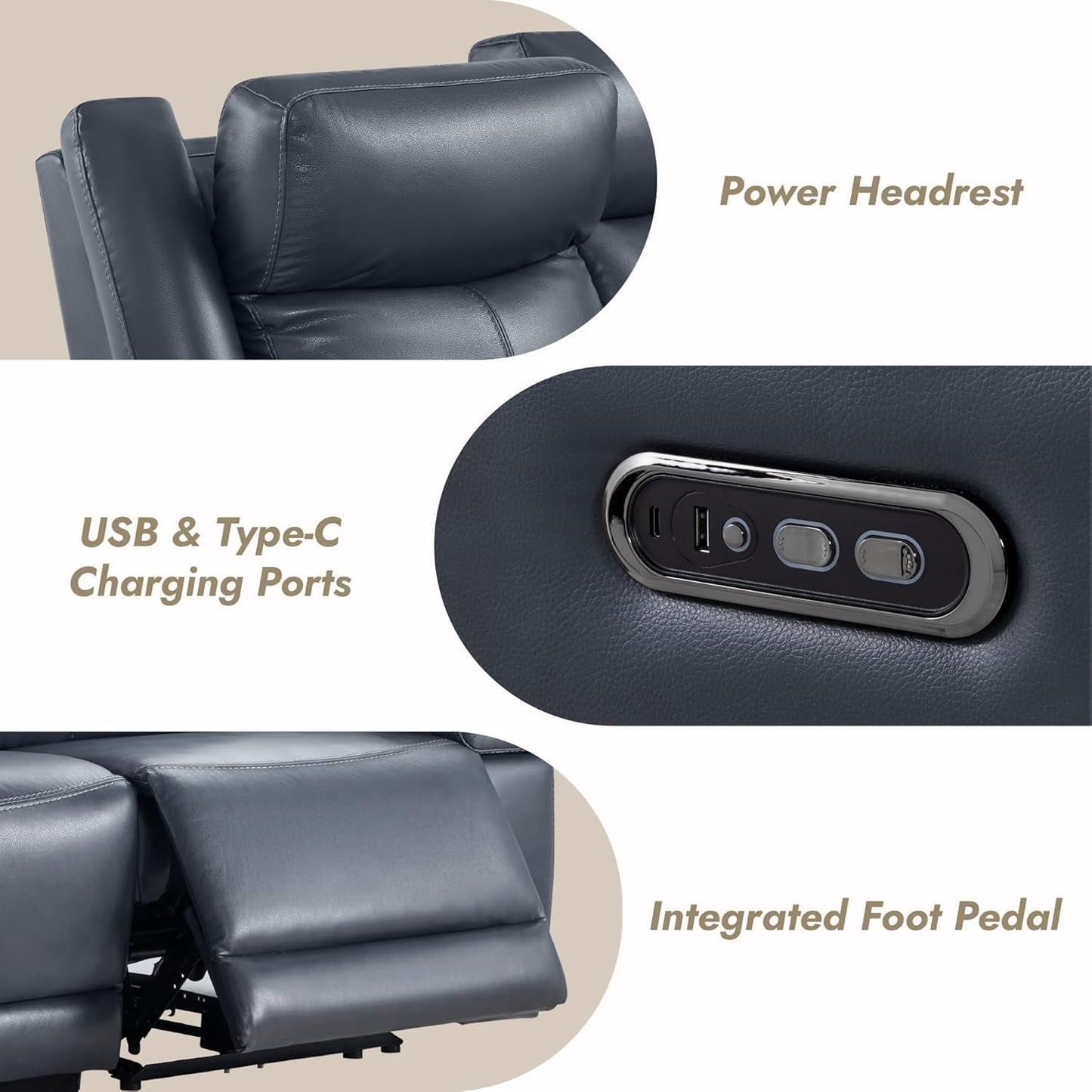 Navy Genuine Leather Power Recliner Sofa With USB Type C