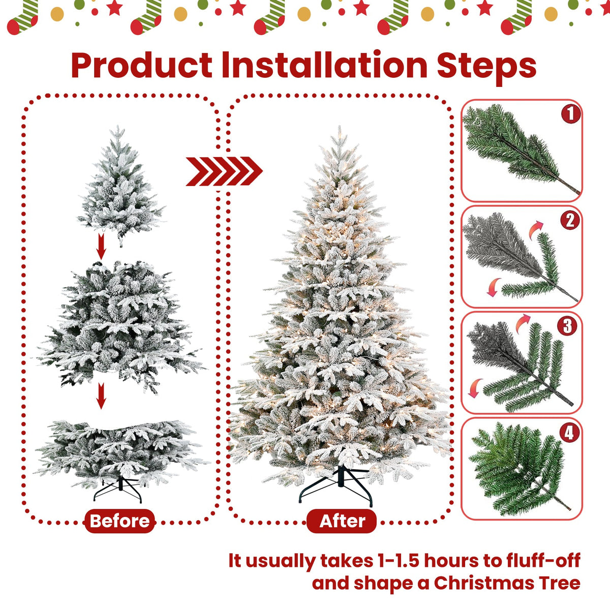 7.5ft Pre-Lit Flocked Artificial Christmas Tree with 650 Warm Lights