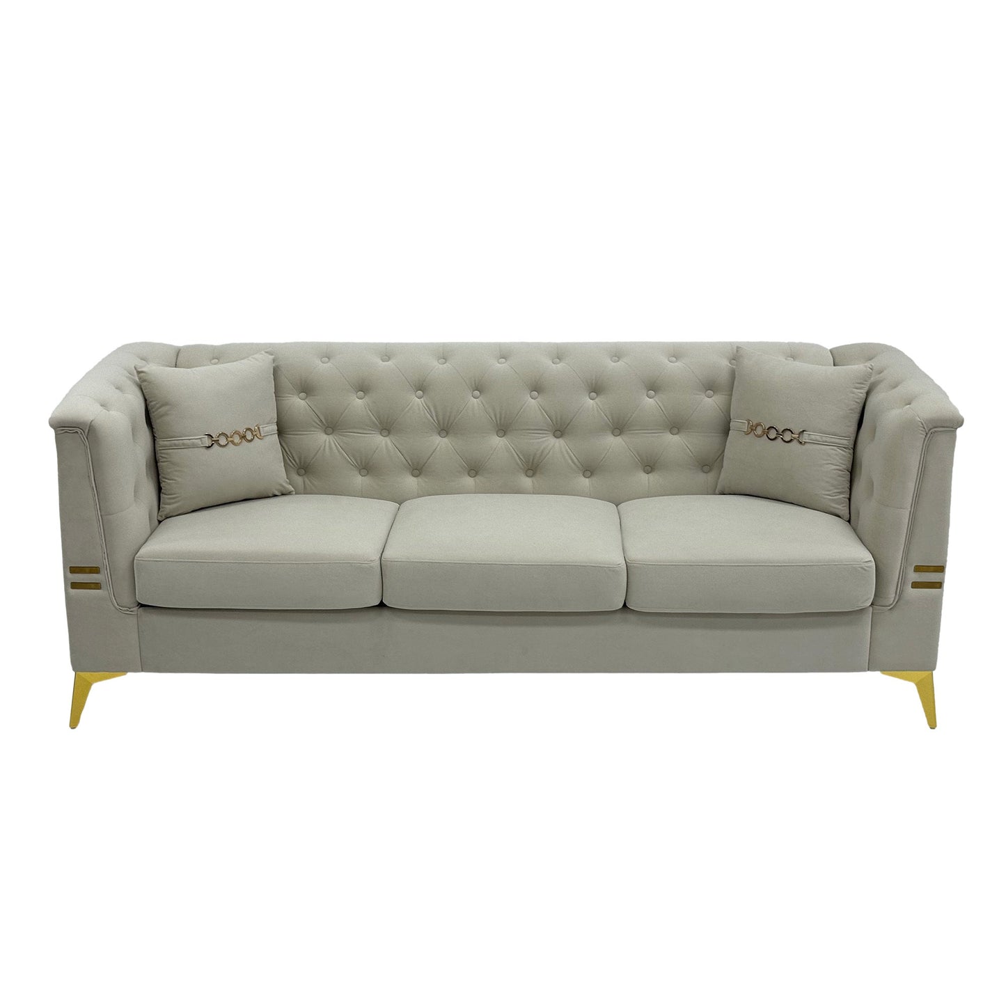 FX-P83-2PC SOFA -CW4  Modern Velvet Upholstered Sofa Set of 2, Cream White 3-Seater Sofas with Gold Metal Legs Contemporary Living Room Furniture for Family Homes, Apartments, and Lounge Spaces