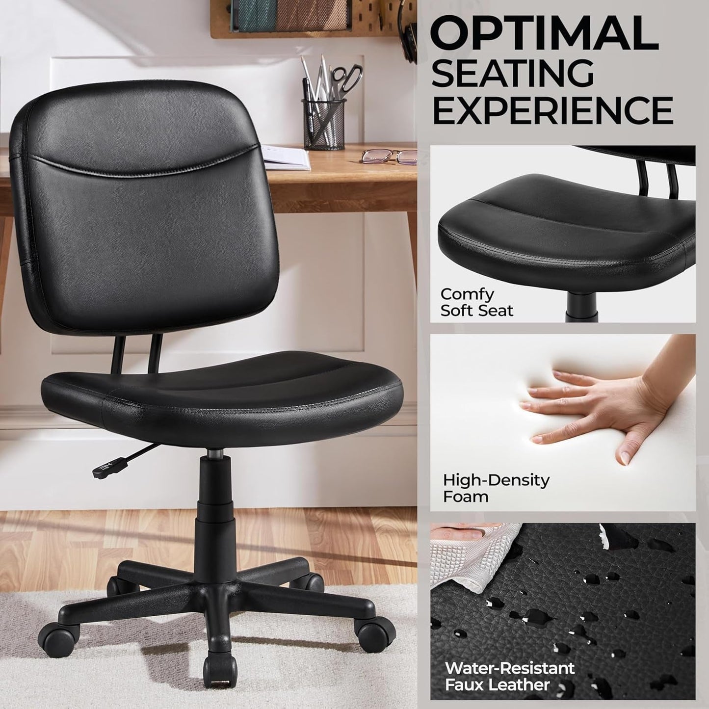 Armless Ergonomic Office Chair Black PU Leather Swivel