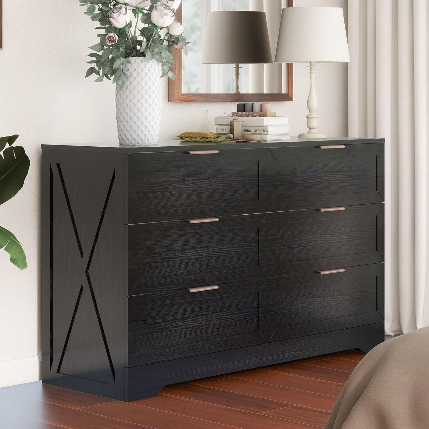 Contemporary Black 6 Drawer Dresser With SoftClosing