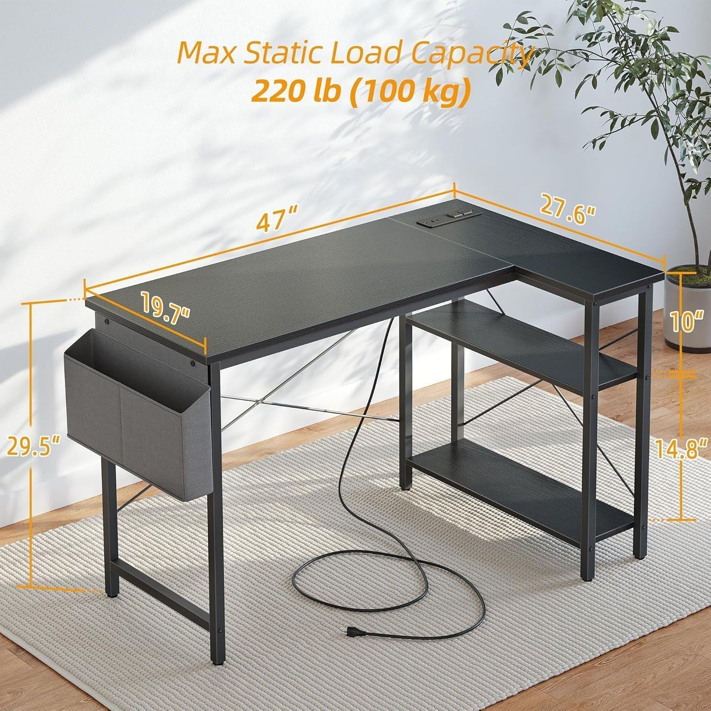 L Shaped Computer Desk With Power Outlets 47 Inch Corner