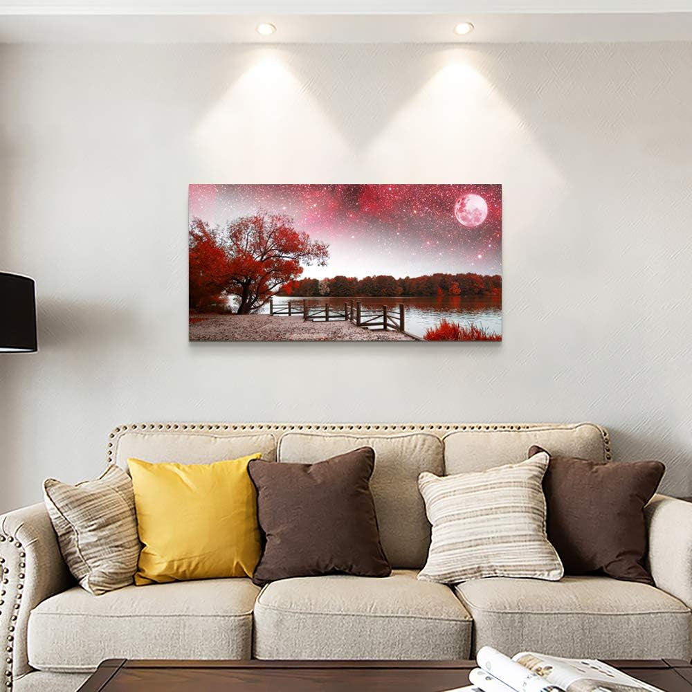Stunning Red Tree and Moon Canvas Art - Exquisite Starry Sky Landscape Poster for Living Room & Bedroom Decor - Ready to Hang Wall Art for Your Home or Office