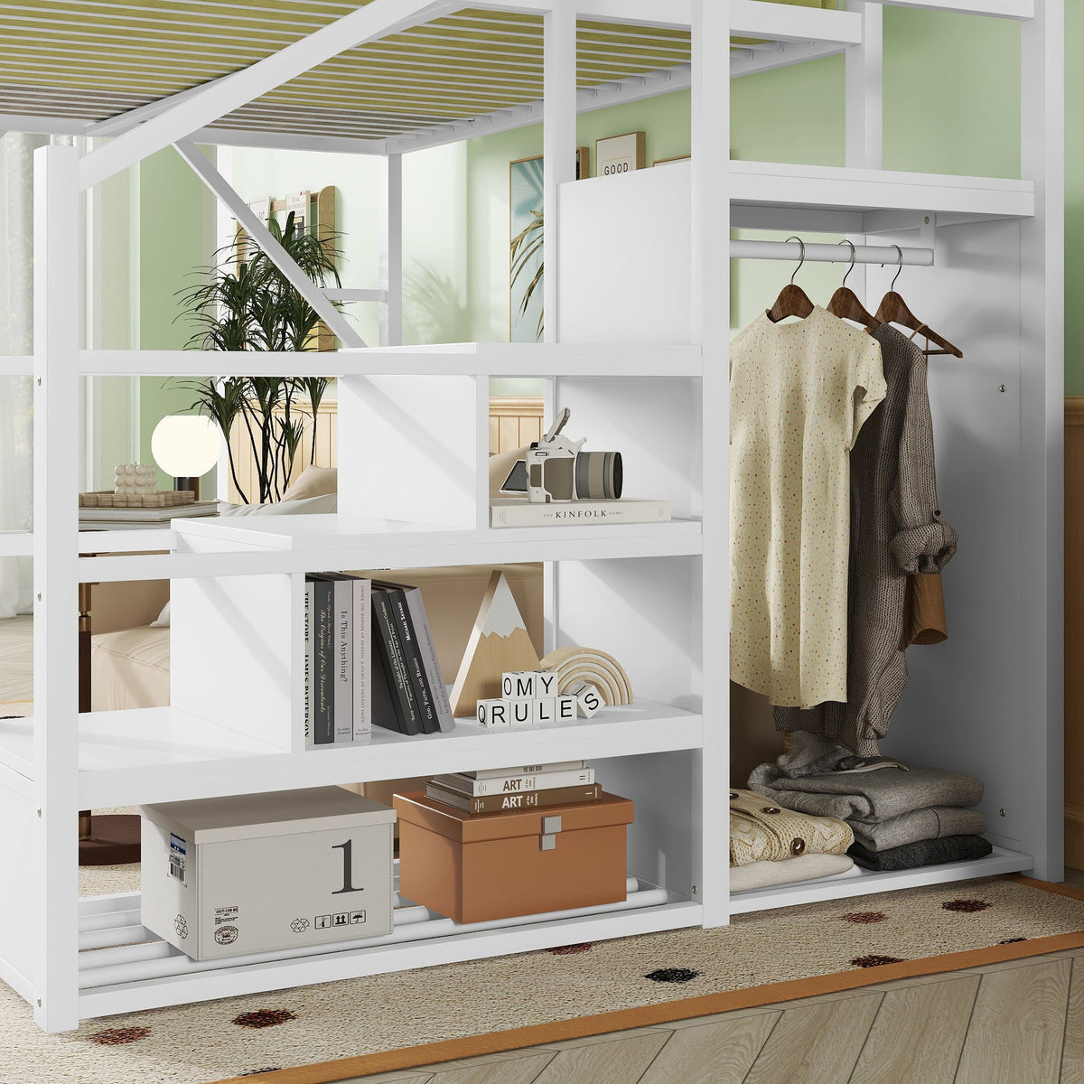 Full Size Loft Bed with Stairs and Storage Shelves