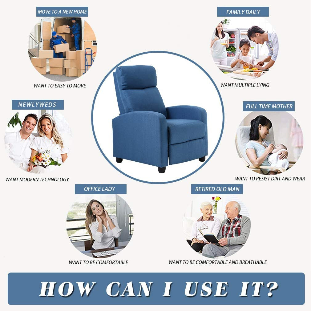 Blue Fabric Recliner Chair For Living Room Home Theater