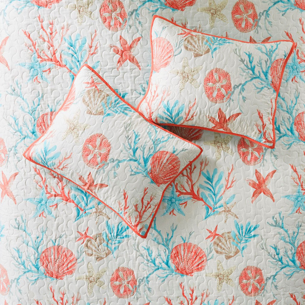 6 Piece Cotton Sateen Quilt Set with Throw Pillows - Coral Full/Queen