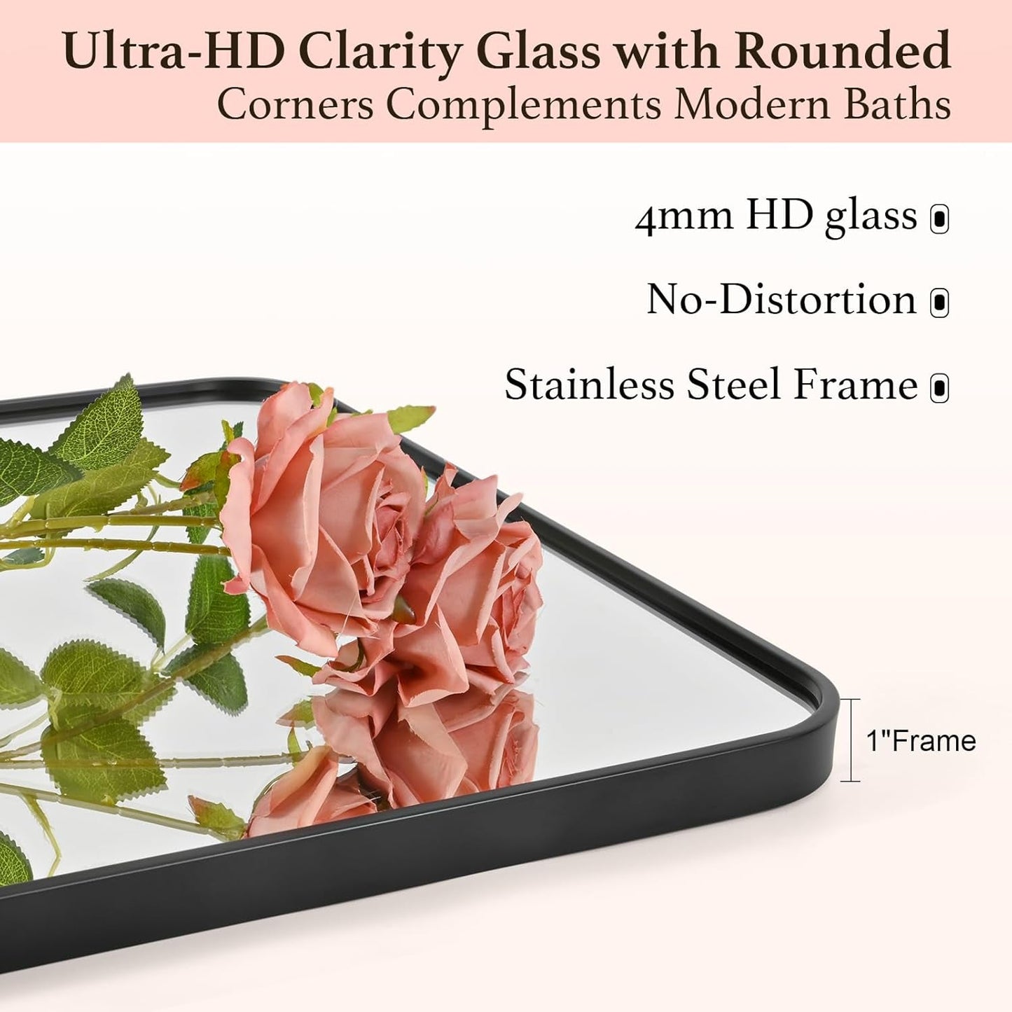 24x36 Inch Black Rounded Rectangle Bathroom Mirror With Anti Rust Stainless Steel Frame