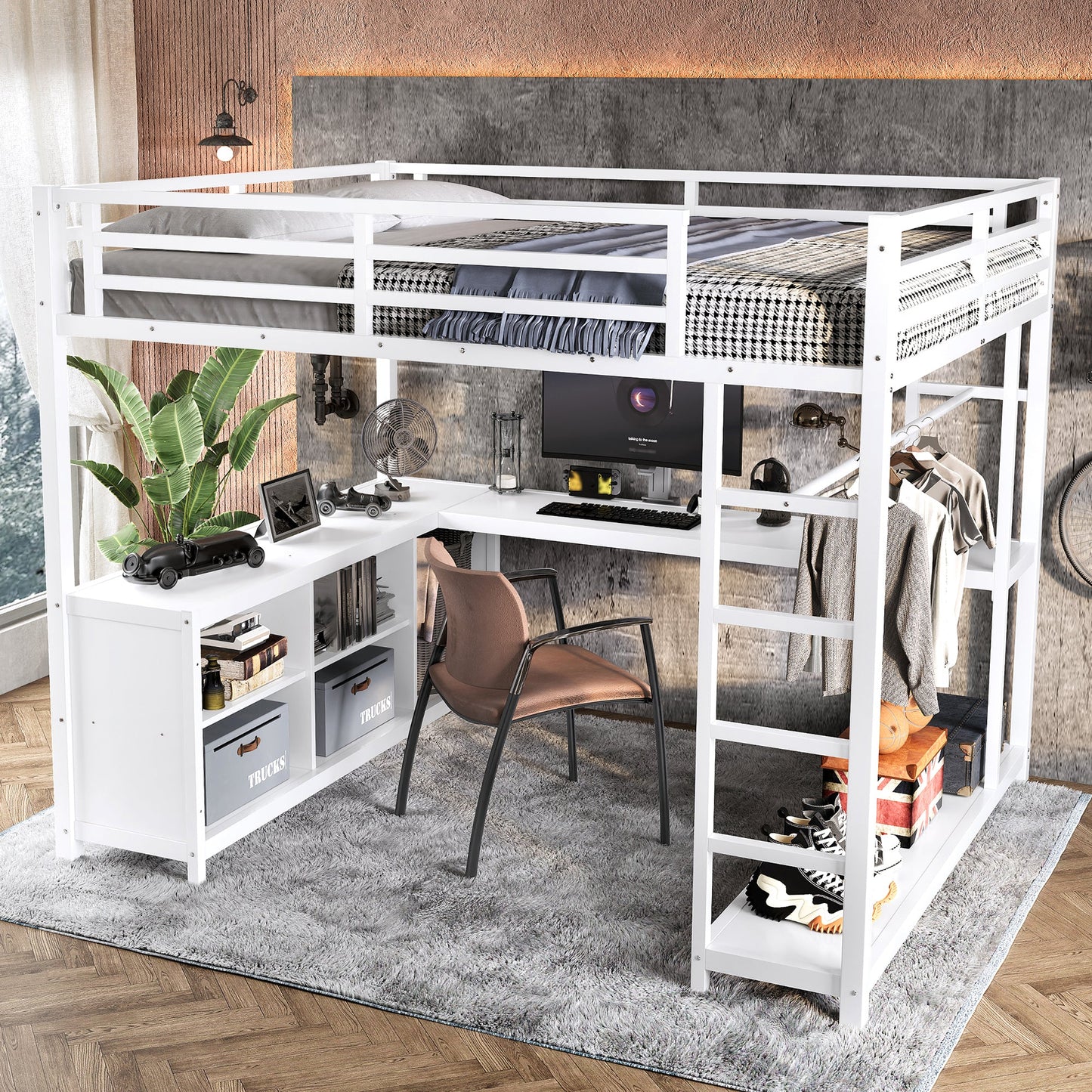 Metal Loft Bed with Wardrobe and L-shaped Desk, Queen Size Loft Bed with Storage Cubes and Shelves, Loft Bed for Kids Teens Adults, White