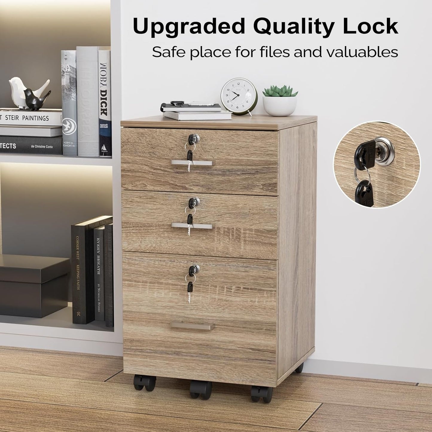 Oak 3 Drawer File Cabinet With Lock Rolling Printer Stand