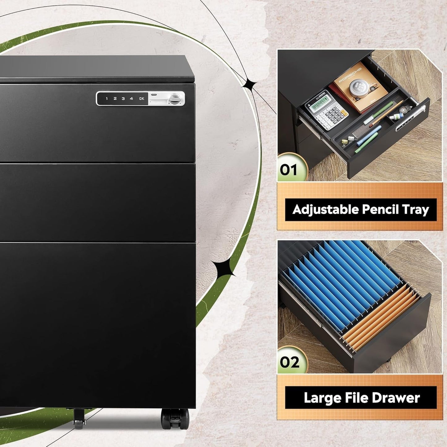 Locking 3 Drawer Steel File Cabinet With Digital Lock