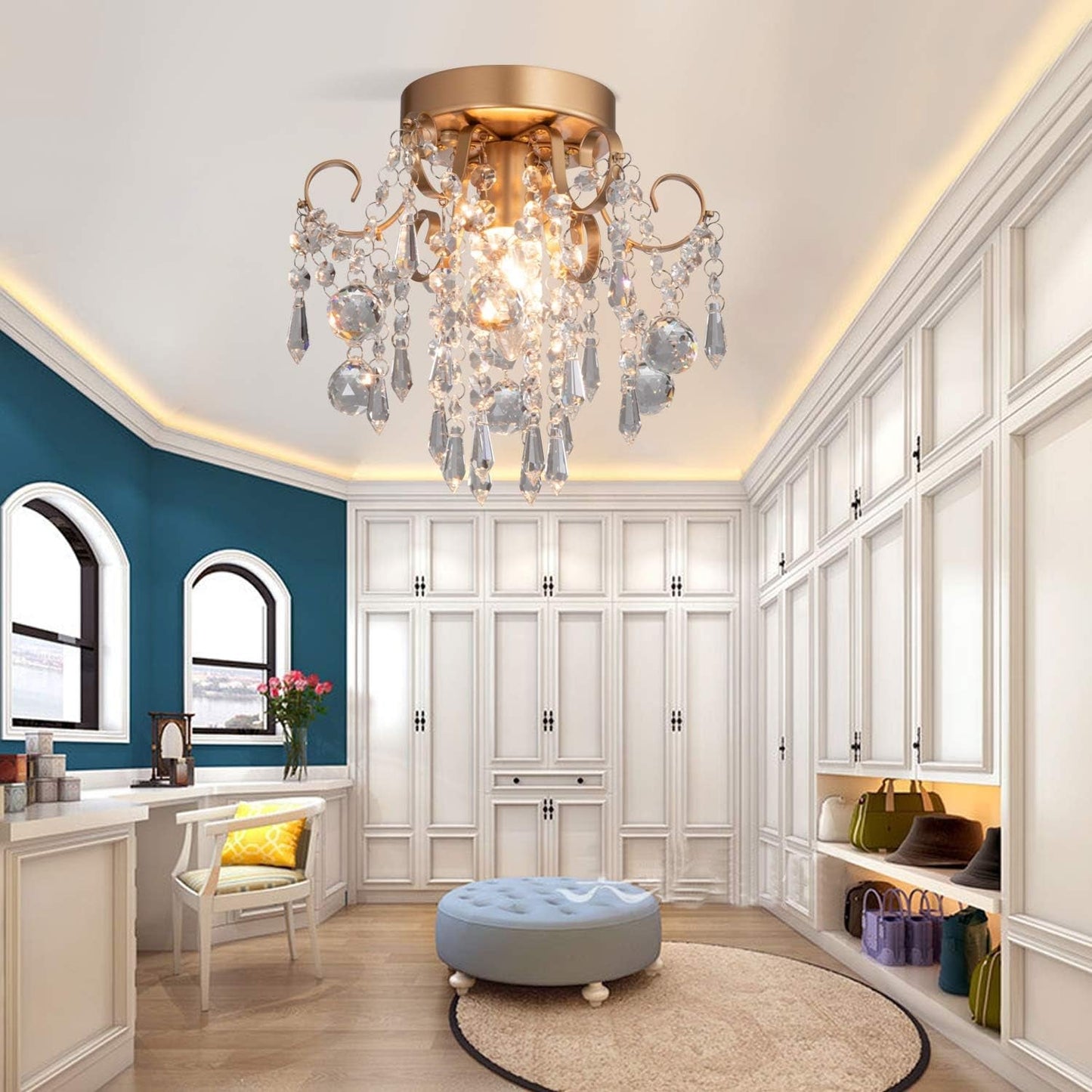 Mini Crystal Chandelier Flush Mount Gold Ceiling Light illuminating a stylish modern room with elegant decor.