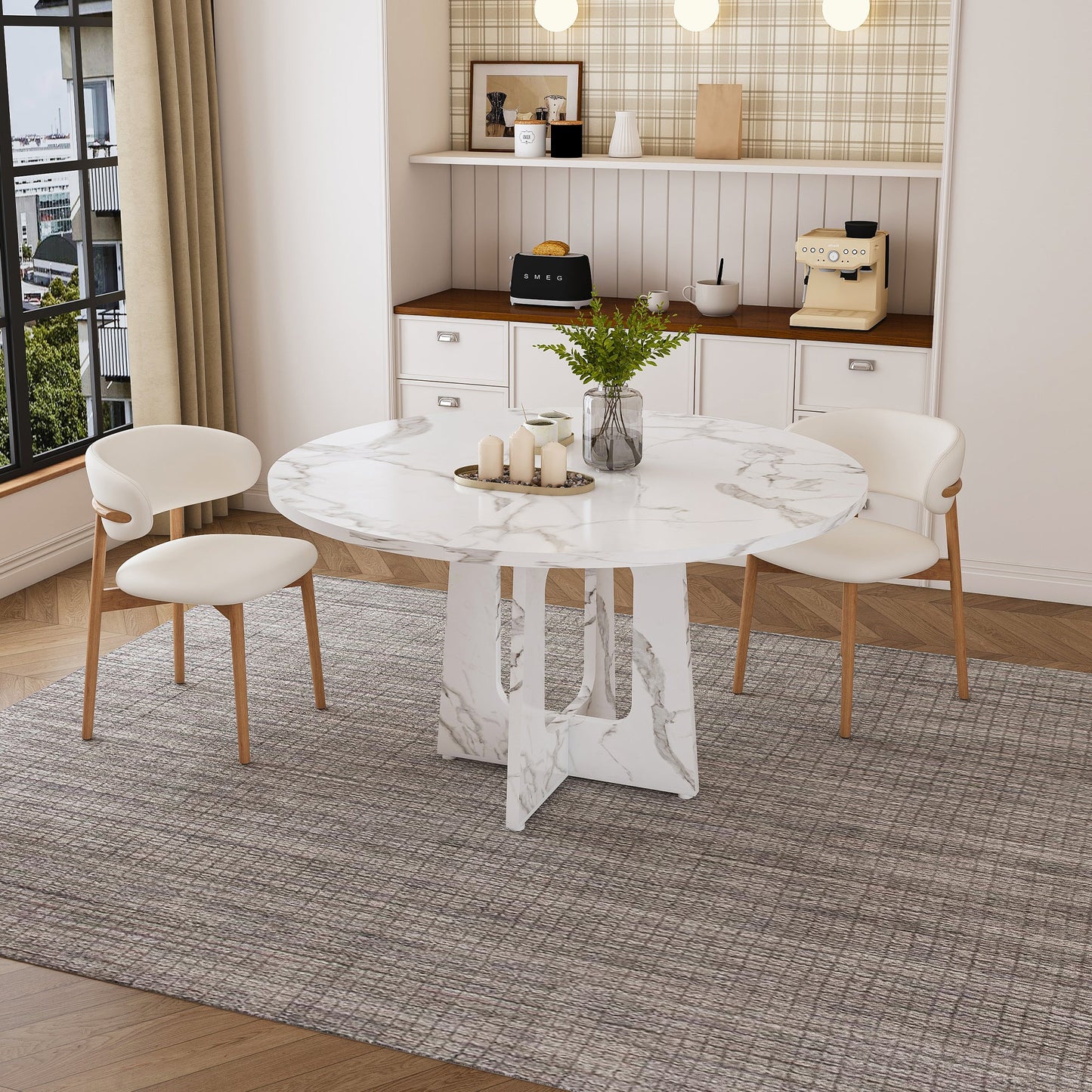 47.24" Round Dining Table for 4 - Farmhouse MDF Table with Marble
