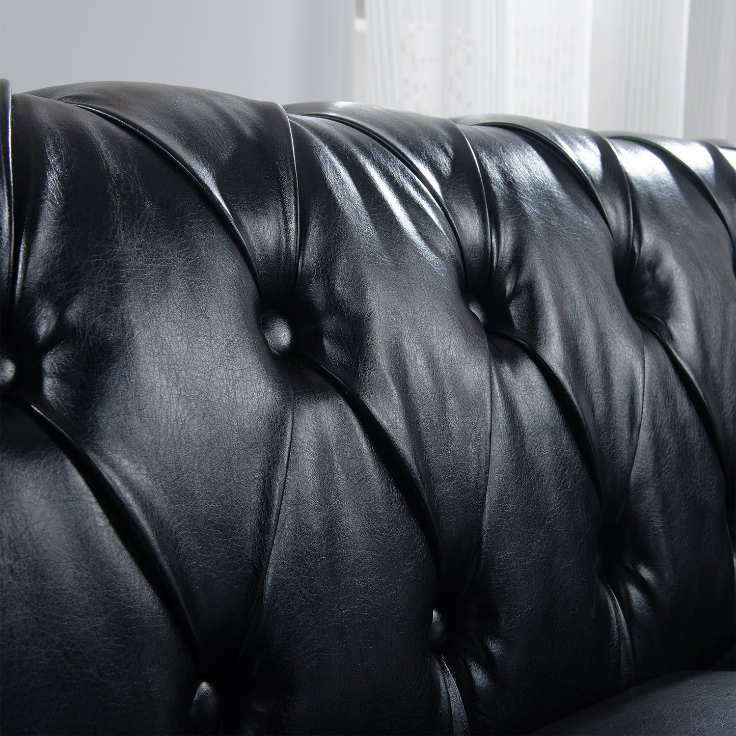 84.65" BLACK PU Rolled Arm Chesterfield Three Seater Sofa