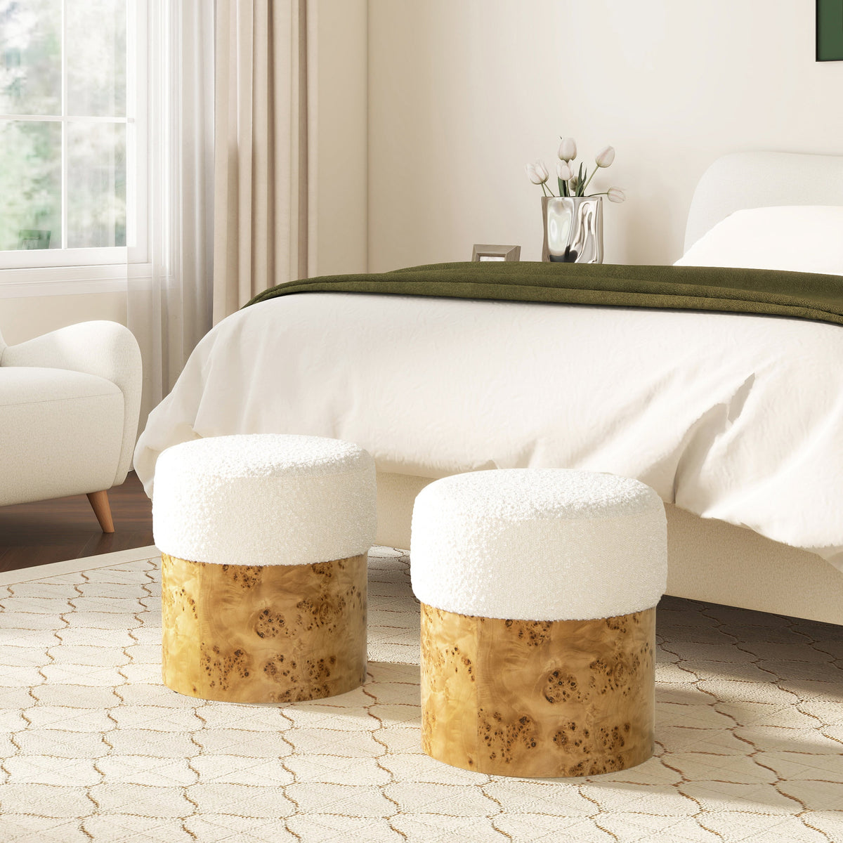 Nebula Round Burl Wood Upholstered Ottoman