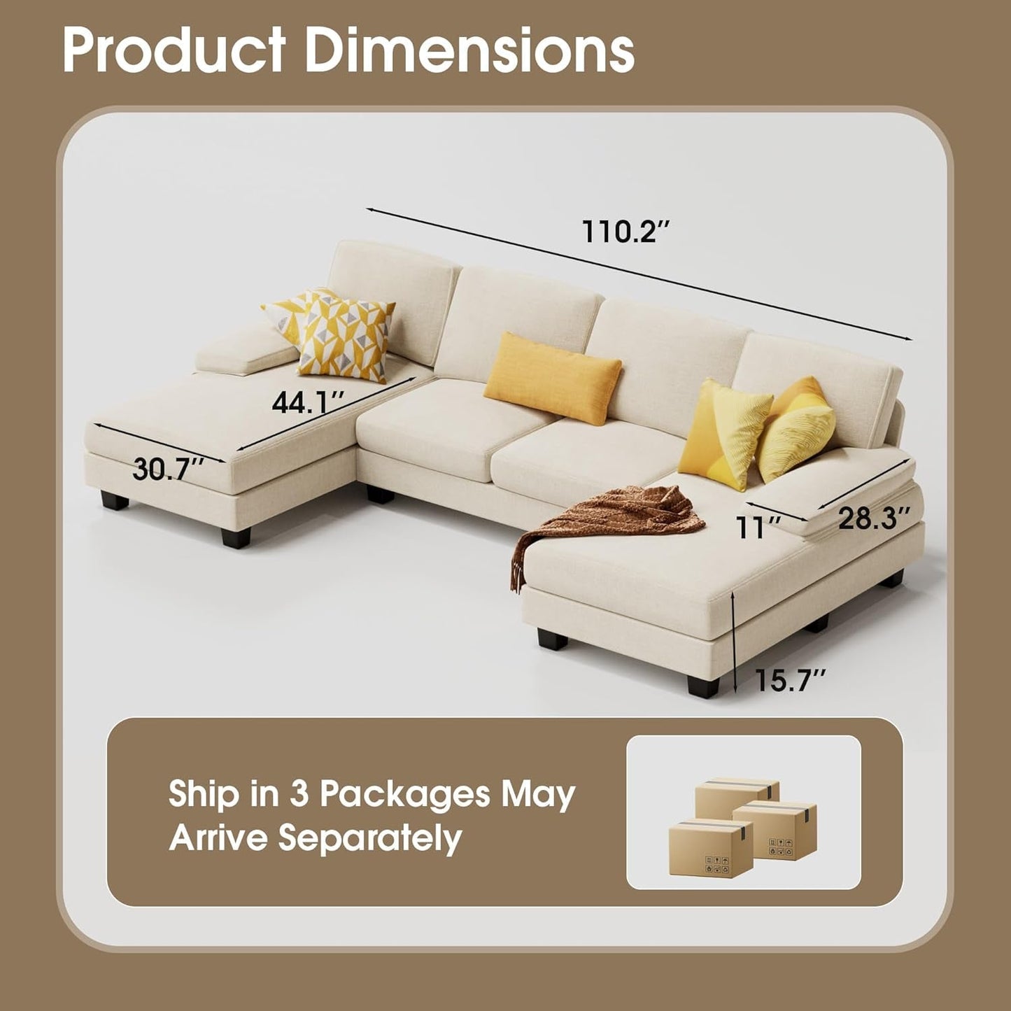 White Linen Sectional Sofa U Shaped 4 Seat Chaise Couch