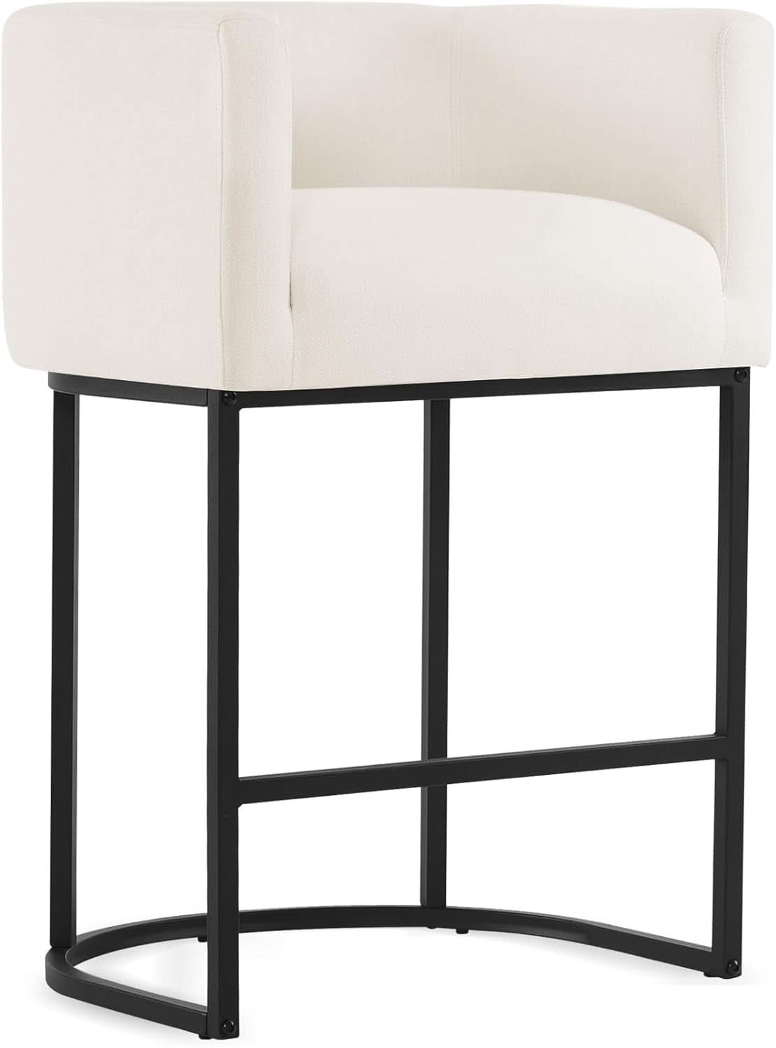 27 Inch Counter Height Bar Stools Set Of 2 With Backrest And Armrests Beige Linen Upholstery Black Metal Frames
