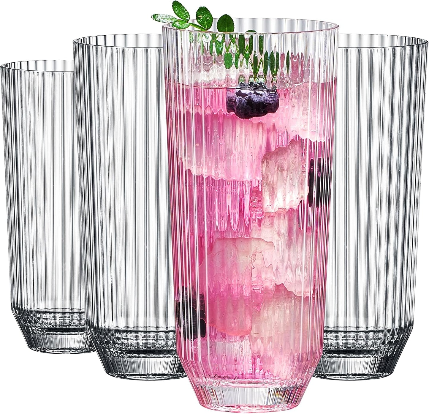 Khen Shatterproof Ribbed Drinking Glasses – Set of 4 Clear 12oz Tritan Tumblers, European Style Acrylic Drinkware – Durable, BPA-Free, Dishwasher Safe, Stackable & Unbreakable Plastic Cups