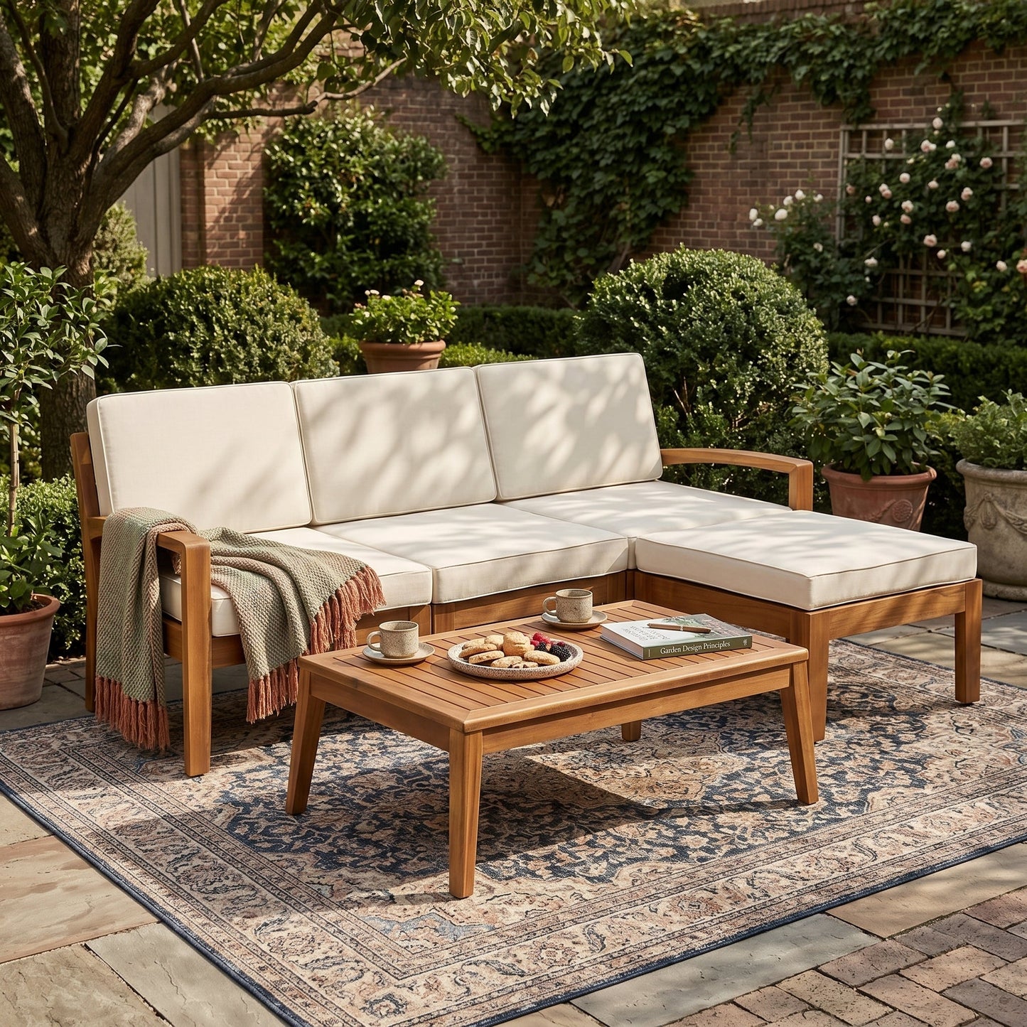 Outdoor L Shape 3-Piece Acacia Wood Patio Sofa Set