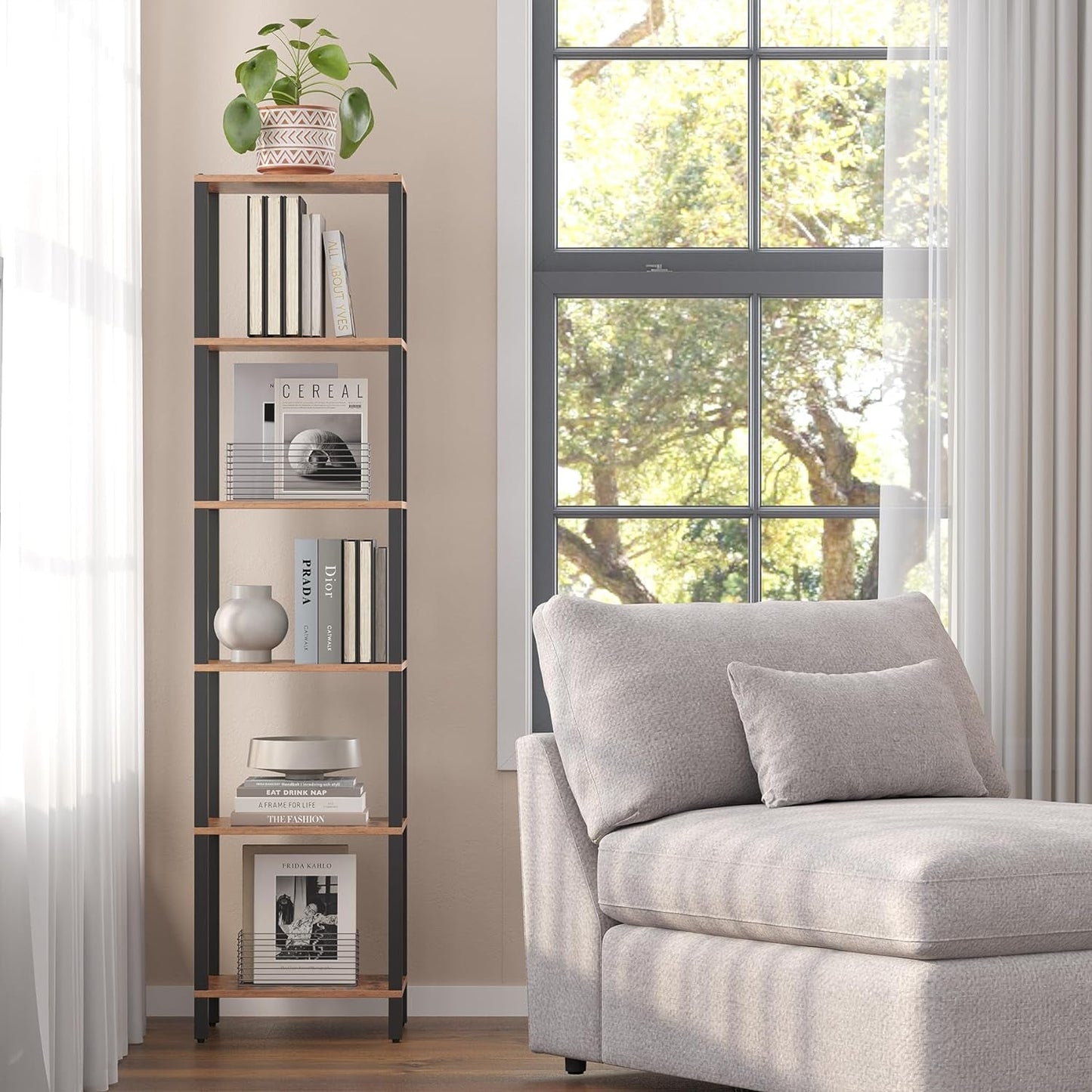 Six Tier Tall Bookshelf Narrow Rustic Brown Bookcase