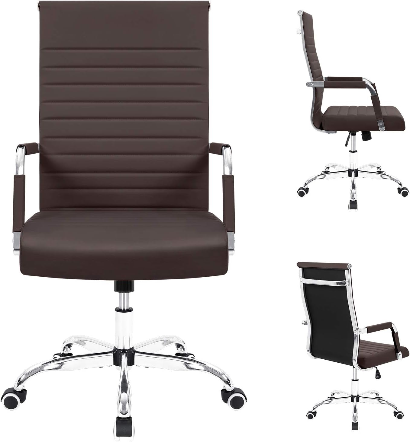 Ribbed PU Leather Office Chair With Arms Brown Adjustable