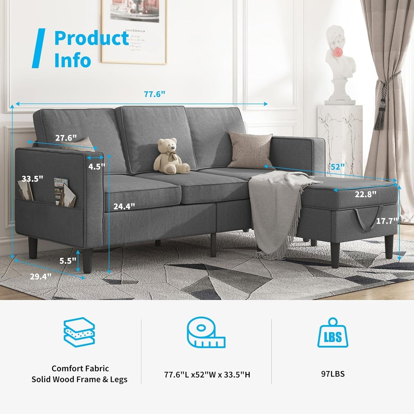 Dark Grey Convertible Sectional Sofa With Storage Ottoman