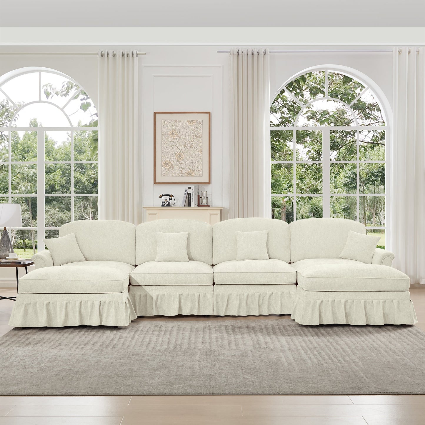 Classic Three Seater Modular L Shaped Sectional Couch with Flared Arms and Removable Ruffles Pleats Skirts and Spindle Legs, Comfy Chenille Four-Seat Deep Seat Sofa with Movable Ottoman, Beige White