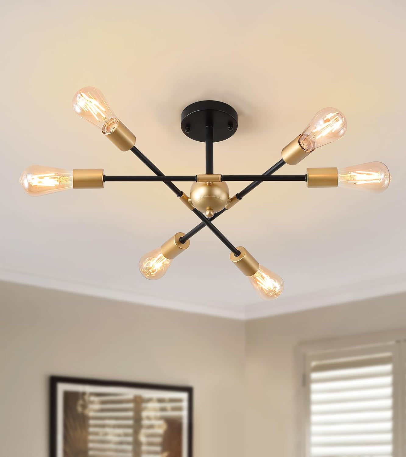 Black And Gold 6 Light Sputnik Ceiling Chandelier Semi Flush Mount UL Listed lighting fixture with adjustable arms.