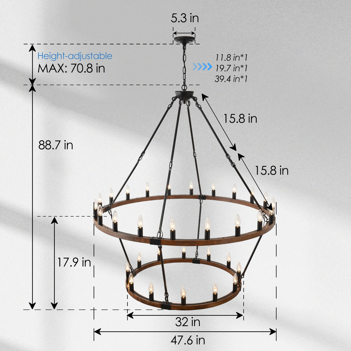 Large Solid Wood Wagon Wheel Chandelier - 32 Lights