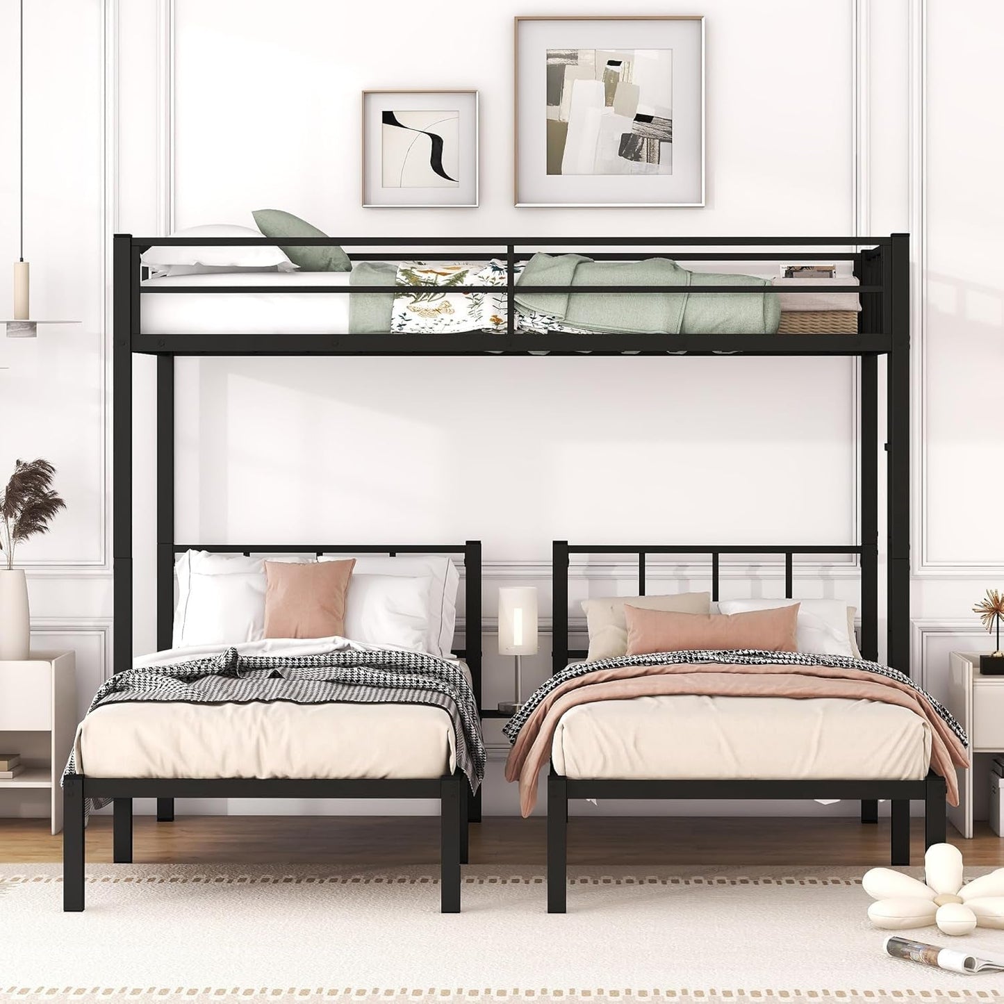 Triple Bunk Bed For Three Kids Built In Desk Black
