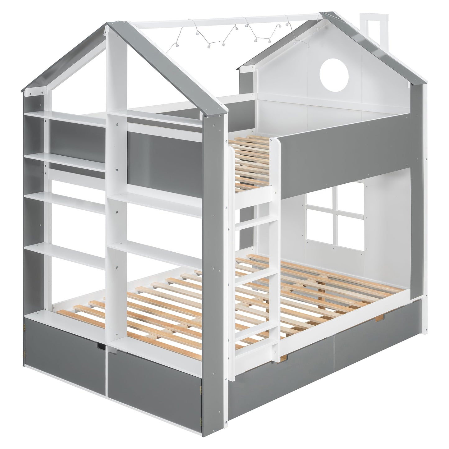 Full Size Bunk Bed with Storage Drawers & Shelves