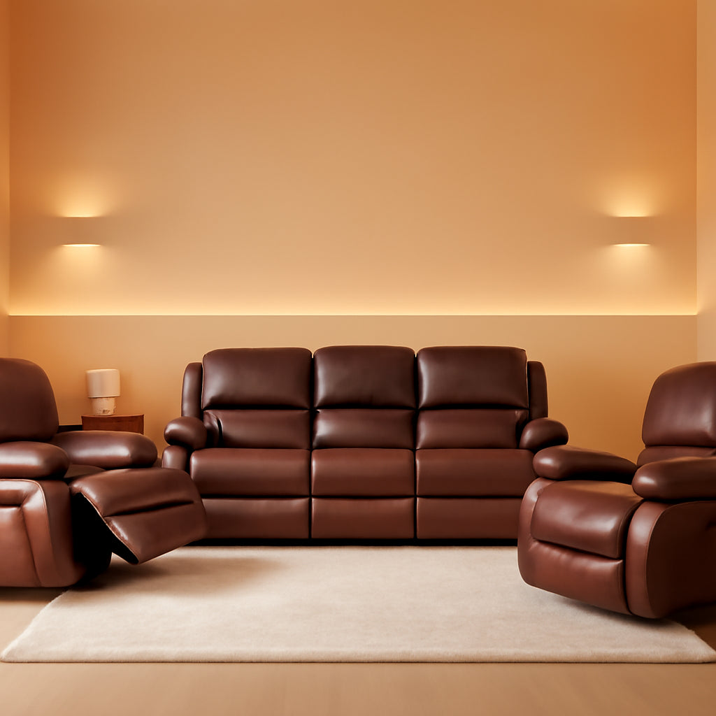 3 Piece Bonded Leather Reclining Sofa Set In Brown