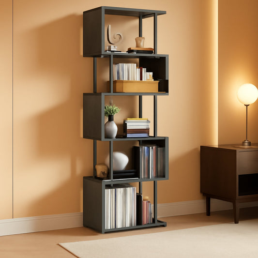 6 Tier Bookshelf Oak Finish Modern Storage Display